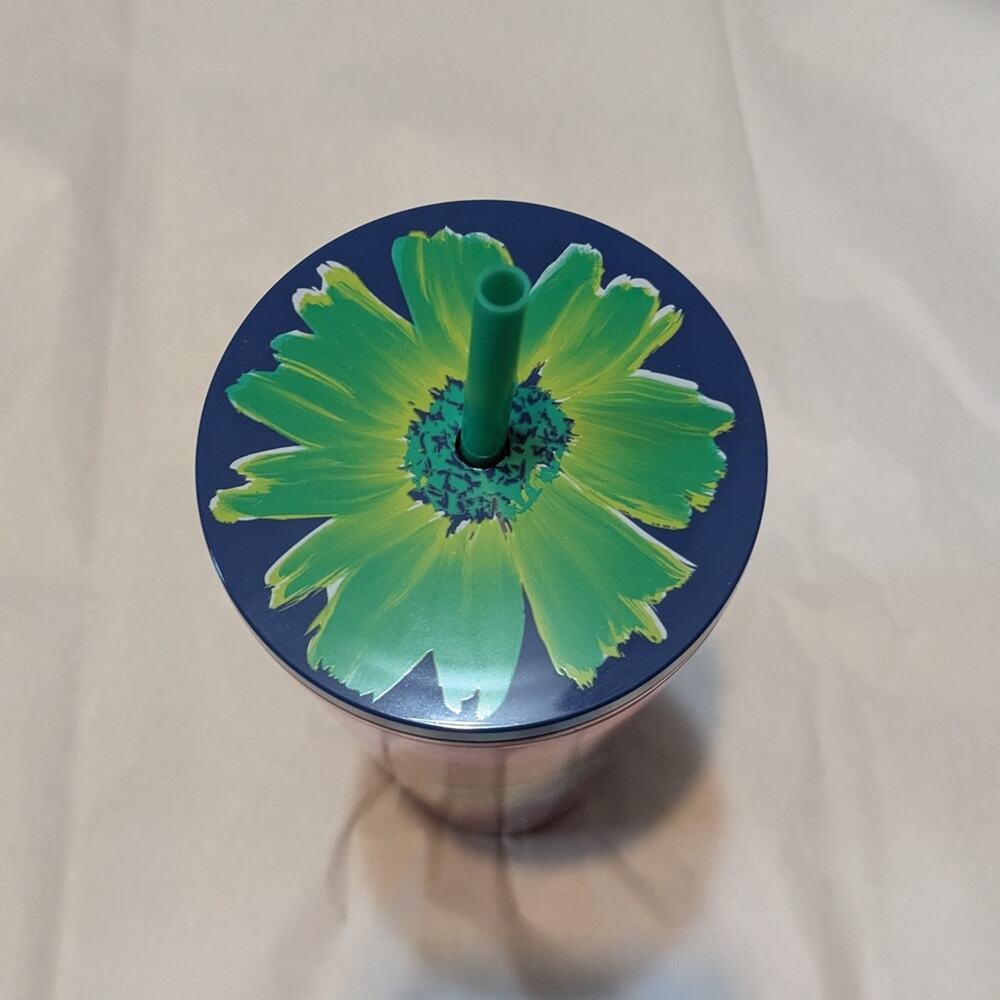 Starbucks Dancing Blooms Pink Floral Tumbler 24oz Blue Lid Green Straw NEW - Picture 3 of 7